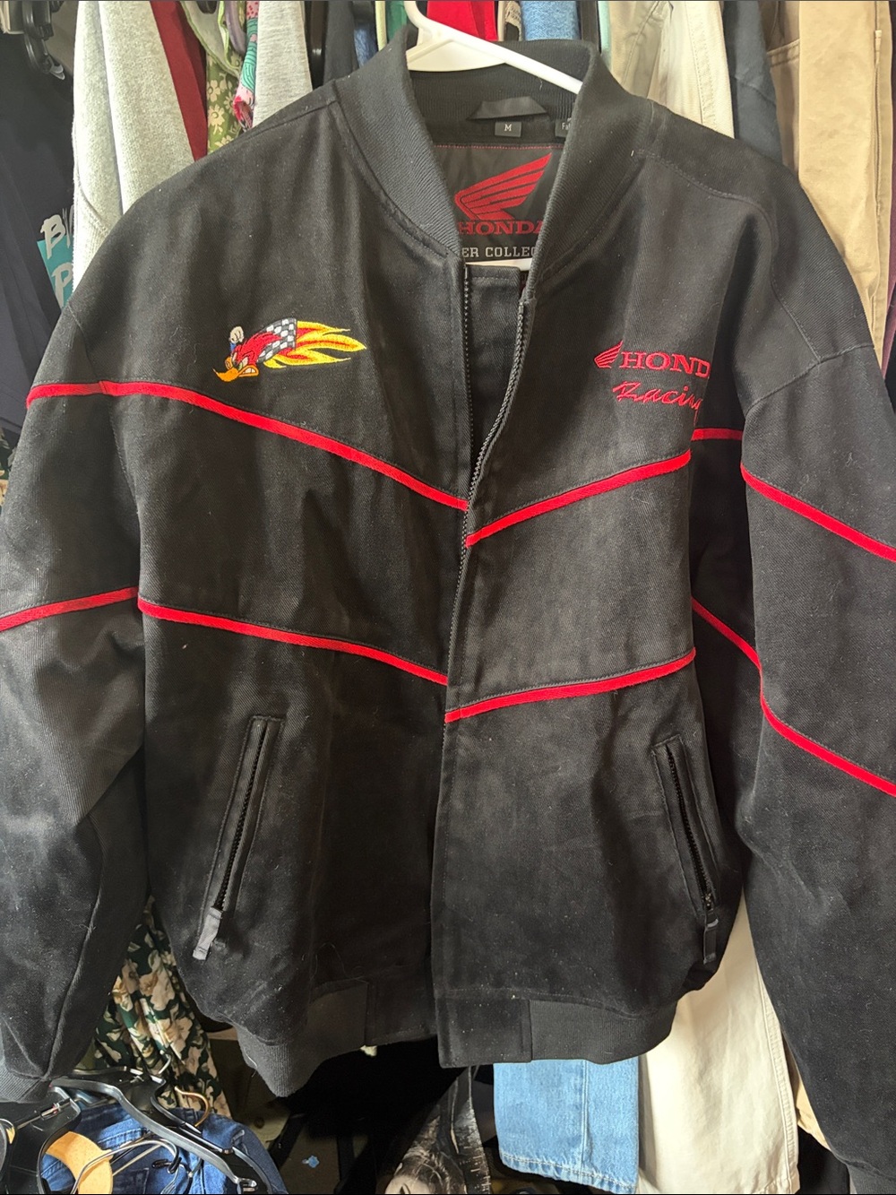 Honda Racing Men's Black Bomber Jacket with Red Accents